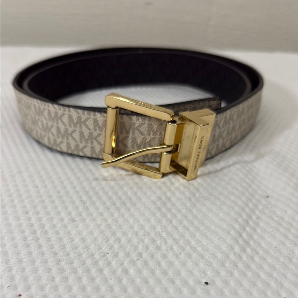 Michael Kors Reversible Black or Cream Belt Gold Buckle Signature MK Monogram